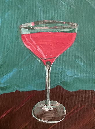 one pink cocktail in a coupe against a green background