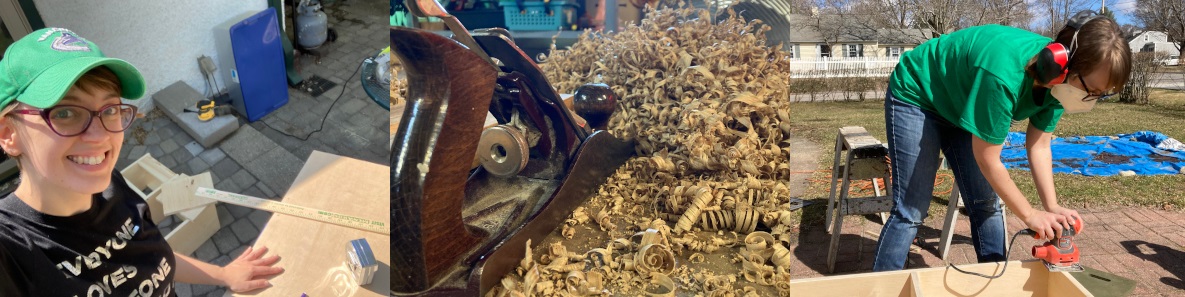 header of three images: first, a selfie of me outdoors in front of a partially finished cabinet. second, a close-up of a handplane with a pile of wood shavings in the background. last, a photo of me using an elecric sander